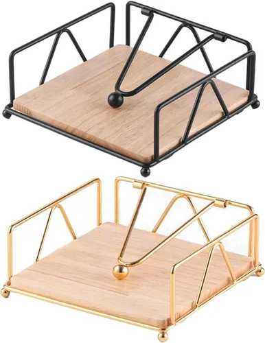 Miniatura 2 de Servilletero plano para servilletero, dispensador de servilletas de metal con brazo de tensión ponderada y base de madera, organizador de Oro