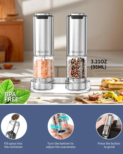 Miniatura 4 de CIRCLE JOY Juego de molinillo de sal y pimienta eléctrico recargable con base, molinillos de pimienta de acero inoxidable con contenedor de 95ml