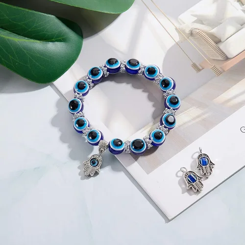 Miniatura 6 de Yaomiao 6 Piezas Pulsera de Ojo Malvado Hamsa Pulsera de Encanto con Cuentas Elástica Pulsera de Mano de Fátima Amuleto Turco de Ojo Malvado