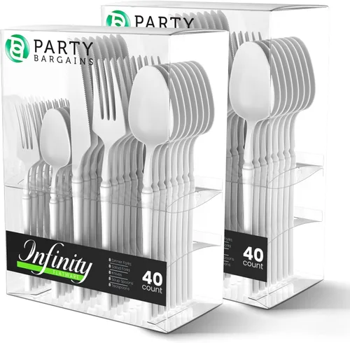 Miniatura 28 de Party Bargains Juego de cubiertos negros de plástico desechable, utensilios de diseño moderno infinito, paquete de 40: 16 tenedores, 8 cuchillos, 16