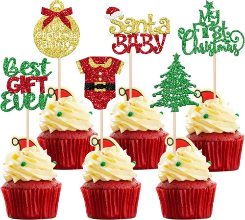 Miniatura 10 de 24 piezas de adornos para cupcakes de Navidad dorados verdes y rojos con purpurina, Papá Noel, árbol de Navidad, adornos para cupcakes para el tema