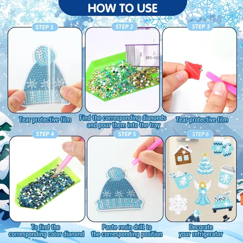Miniatura 4 de Umigy 16 piezas de arte de diamantes de invierno 5D pingüino copo de nieve muñeco de nieve pintura de diamantes de imitación para nevera calcomanías