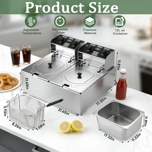Miniatura 5 de Freidora eléctrica de 12 litros con canasta, freidora de aceite de encimera de 2500 W con temporizador y temperatura ajustable, olla de acero