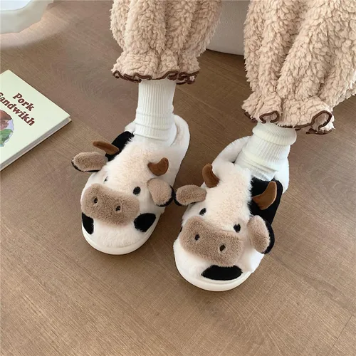 Miniatura 2 de Pantuflas de vaca, pantuflas para mujeres y hombres, bonitas pantuflas mullidas, pantuflas kawaii de dibujos animados de algodón de felpa
