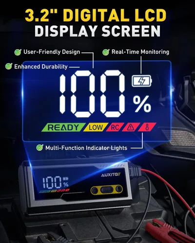 Miniatura 7 de AUXITO Arrancador de batería portátil de 8000 A con pantalla LCD grande, cable de salto con abrazaderas inteligentes, banco de energía, linterna