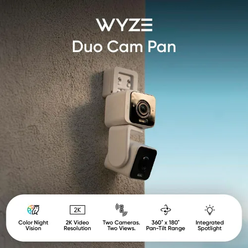 Miniatura 2 de WYZE Duo Cam Pan IP65 2K 360° Pan/Tilt Cámara de seguridad inteligente para el hogar con visión nocturna a color, compatible con Alexa y Google
