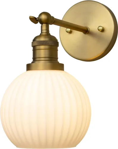 PERMO Aplique de pared vintage, aplique para dormitorio, lámpara de pared con globo para tocador, lámpara de pared con pantalla de vidrio blanco
