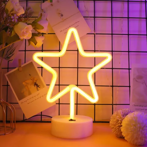Miniatura 2 de ENUOLI Lámpara de luz LED de neón en forma de estrella blanca cálida con base, funciona con pilas y USB, letrero de neón LED en forma de estrella