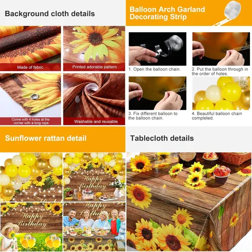 Miniatura 4 de Tiamon Juego de 53 guirnaldas de arco de globos dorados y amarillos, 1 pancarta de fondo de feliz cumpleaños, 2 manteles de plástico de girasol