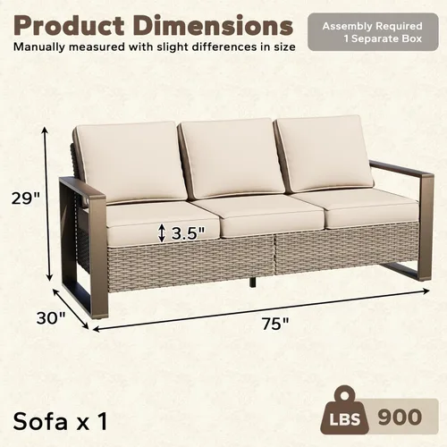 Miniatura 2 de Sofá de Mimbre Metálico para Patio de 75", Sofá Sillón de Ratán para Exteriores de 3 Asientos para Todo Tipo de Clima con Cojines Premium y Beige