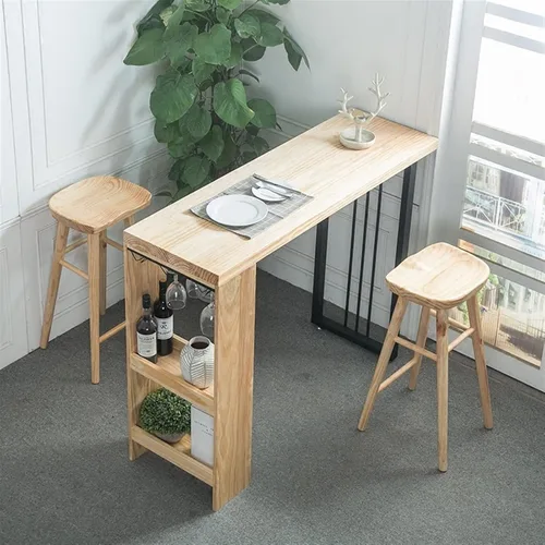 Miniatura 2 de Mesa de barra de altura nórdica moderna barra de madera maciza para el hogar multifuncional sala de estar Bar con estante Tienda de té con leche