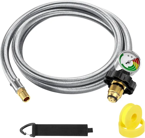 Extensión de manguera de tanque de propano macho NPT POL RV de 6 pies y 1/4 pulgadas con calibre para remolque de viaje, manguera trenzada para