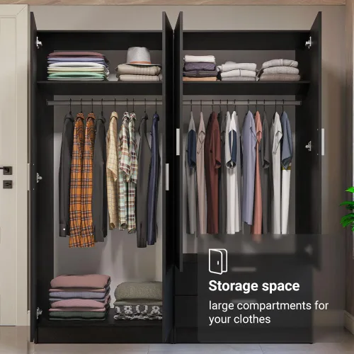 Miniatura 4 de Madesa Juego de armario de 4 puertas y 2 cajones, armario de almacenamiento para dormitorio, con estantes y espacio para colgar, 63 pulgadas de Negro