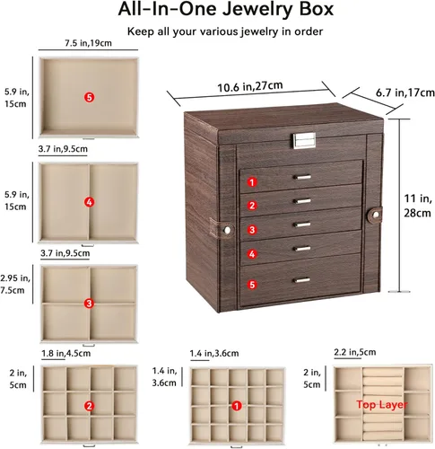 Miniatura 3 de Frebeauty Joyero grande, organizador de joyas de piel sintética de 6 niveles, estuche de almacenamiento multifuncional con espejo, soporte