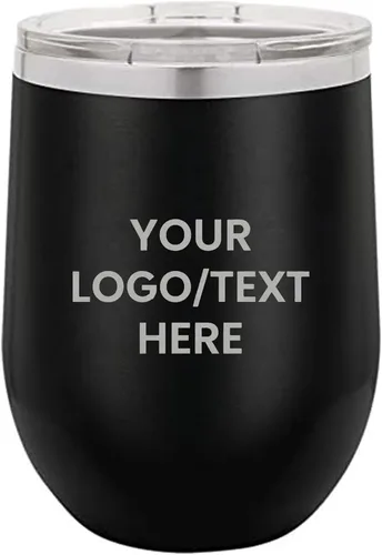 Vaso personalizado de 12 onzas, vino sin tallo con tapa, tu logotipo grabado en Estados Unidos, tazas personalizadas de acero inoxidable con