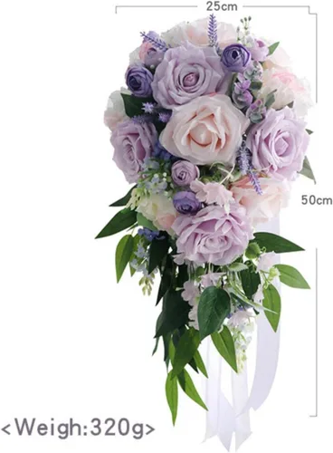 Miniatura 2 de MOJUN Ramos de boda para novia, rosa morada, taro, gota de agua, ramo de novia en cascada para novia, ramo de novia en cascada para ceremonia de F
