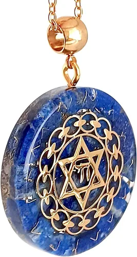Miniatura 3 de Collar con colgante de energía de orgón con estrella de David Chai de acero dorado y auténticas piedras de lapislázuli. Fabricado en Estados Unidos