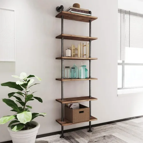 Miniatura 6 de Estantería industrial de tubería rústica con escalera de pared, estante de almacenamiento para sala de estar, cocina, oficina (6 niveles)