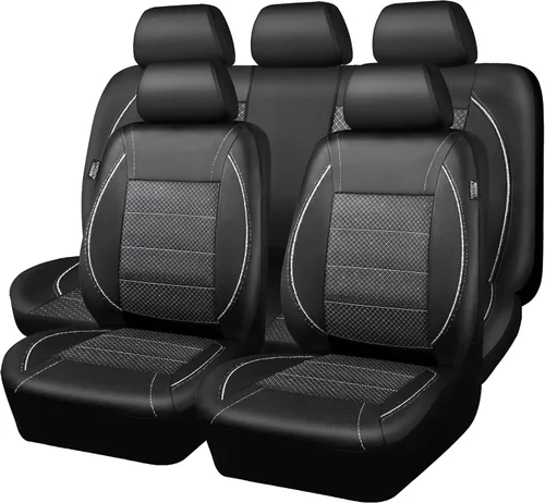 Miniatura 13 de CAR PASS Fundas de Asiento de Automóvil de Cuero Sintético con Ribetes Juego Completo, Fundas de Asiento de Cuero Transpirable Gris para Gris