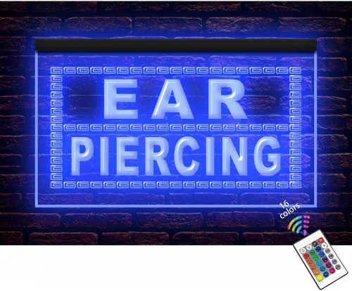 100076 Piercing de oreja para tienda de tatuajes, estudio de belleza, decoración del hogar, letrero de neón con luz LED (12 x 8 pulgadas, 16 colores