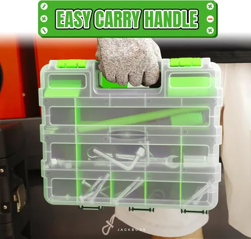 Miniatura 7 de Jack Boss Caja de herramientas con tapa transparente, caja organizadora de 34 compartimentos de doble cara con divisores extraíbles para herrajes