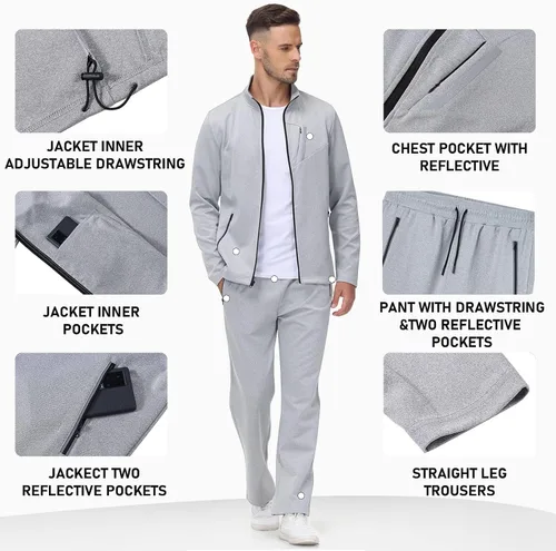 Miniatura 5 de MoFiz Conjunto deportivo para hombre, manga larga, casual, con cremallera completa, para correr, deportivo, 2 piezas