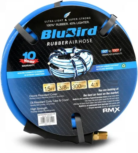 Miniatura 12 de BLUBIRD BB3810 - Manguera de aire de goma de 3/8 pulgadas x 10 pies, 100% goma, más ligera, más fuerte, más flexible, 300 PSI, 50F a 190F grados