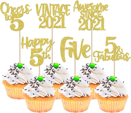 Miniatura 93 de Rsstarxi Paquete de 24 adornos para cupcakes vintage 2019 con purpurina negra para 5º cumpleaños, saludos a 5, cinco, 5, 5 fabulosos para cupcakes