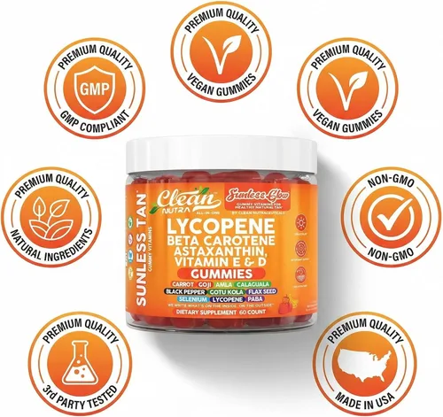 Miniatura 8 de Gomas bronceadoras de licopeno y betacaroteno sin sol, con astaxantina, vitamina C, D, E, semilla de lino, selenio, amla, tirosina, PABA, pimienta