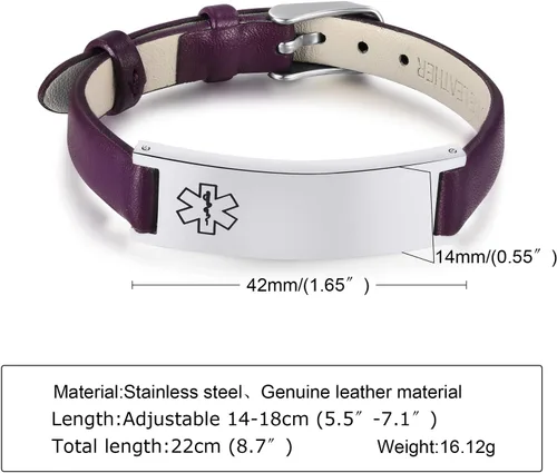 Miniatura 68 de MPRAINBOW Pulsera de alerta médica personalizada para mujer, correa de reloj de cuero genuino, grabado de doble cara, diabetes, epilepsia, joyería