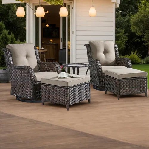 Miniatura 17 de HUMMUH Sillas Mecedoras Giratorias de Mimbre para Patio Exterior con Respaldo Alto, Sillas Deslizantes de Ratán PE, Juego de Muebles de Patio de 4