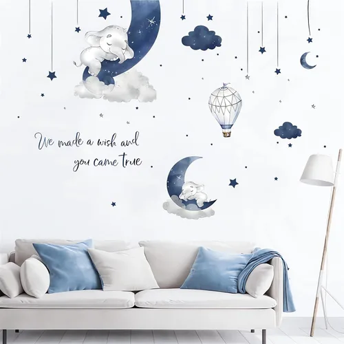Miniatura 2 de Adhesivo de pared con elefante bebé durmiendo en azul grisáceo, sacinora - Adhesivo de pared con luna, estrella, nube y frase en inglés cálido