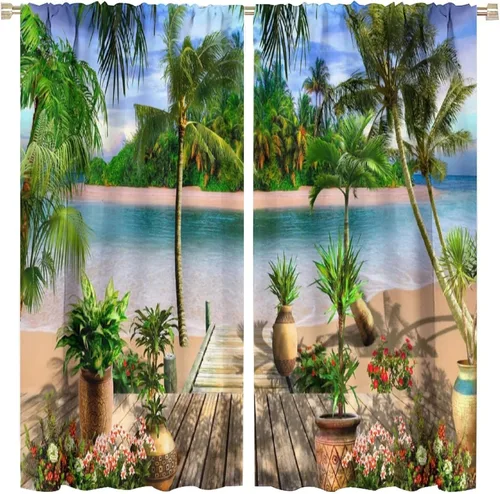 Miniatura 12 de Cortinas de playa con estampado de plantas tropicales y árboles de coco, paisaje natural, con bolsillo para barra, 2 paneles, decoración