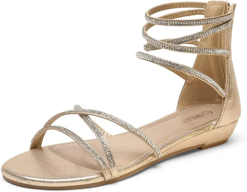 DREAM PAIRS - Sandalias de cuña baja para mujer, con correa al tobillo y diamantes de imitación