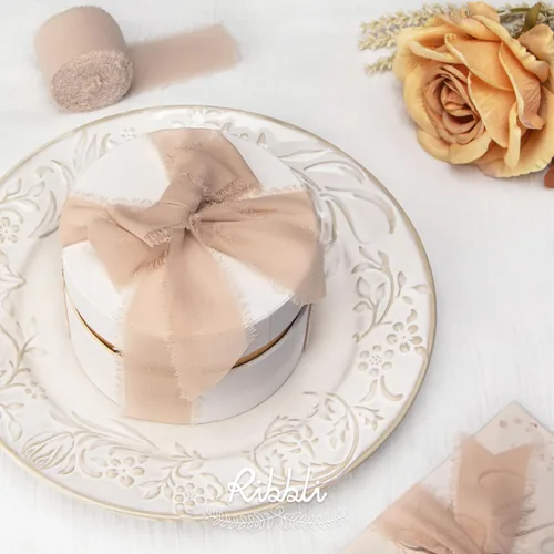 Miniatura 6 de Ribbli Cinta de seda de gasa, 1.5 pulgadas x 30 yardas, cinta de gasa con flecos crema/champán/beige para invitaciones de boda, envoltura de ramos