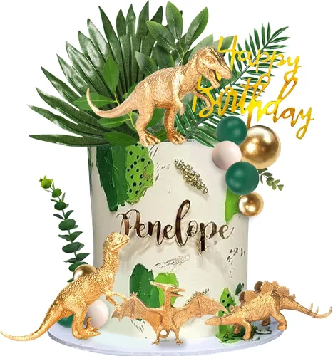 21 piezas de decoraciones de dinosaurios dorados para tartas, figuras de dinosaurio, bolas verdes, decoraciones para pasteles con temática de