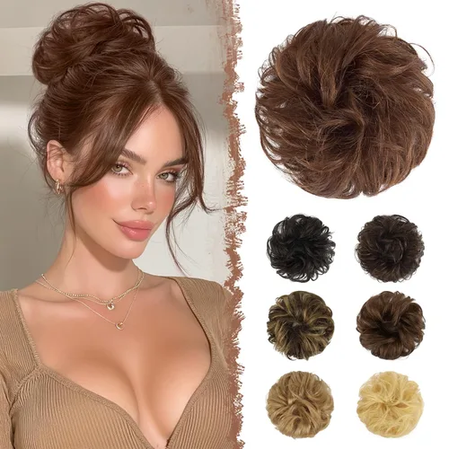 Miniatura 14 de FESHFEN Moños Desordenados Humanos - Moño de Cabello Humano 100% Real Coleteros Scrunchies Piezas de Cabello Extensiones de Cola de Cabello Ondulado