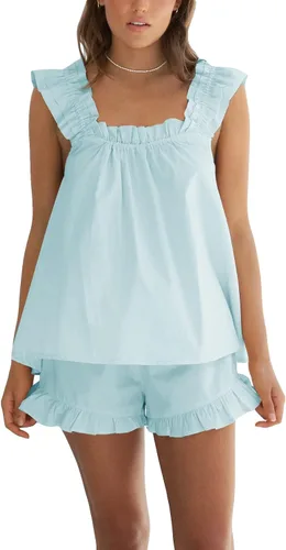 Farktop Conjunto de 2 piezas para mujer, conjunto de pijama de verano con parte superior corta con volantes y pantalones cortos casuales