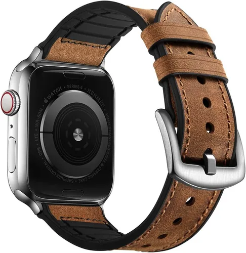 Miniatura 26 de OUHENG Correas de cuero compatibles con Apple Watch de 42mm 41mm 40mm 38mm, correa híbrida de cuero genuino y goma para iWatch Series 11 10 9 8 7 6
