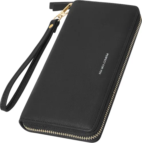 Cartera RFID de gran capacidad con cremallera alrededor de la cartera de piel sintética para tarjetas de crédito, cartera de mano de mano, cartera