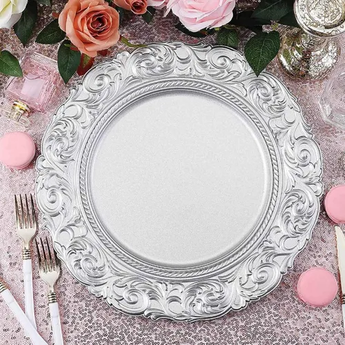 Miniatura 11 de Efavormart juego de 6 platos de plástico redondos de 35.56 cm, negro/dorado con diseño barroco grabado en el borde para eventos de boda y fiesta