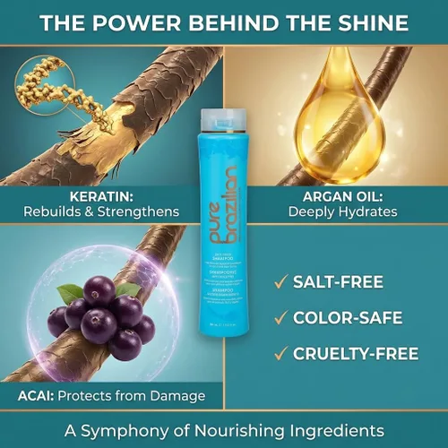 Miniatura 4 de PURE BRAZILIAN - Champú diario anti encrespamiento - Sin sal, color seguro, con queratina, aceite de argán y acai (13.5 onzas / 13.5 fl oz)