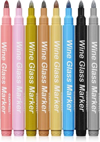 Miniatura 9 de GAINWELL Metallic Wine Glass Markers 8Pcs, Non-Toxic, Food-Safe, Dishwasher-Safe, Wine Glass Marker Pens for Ceramic Plates, Parties & Weddings Azul