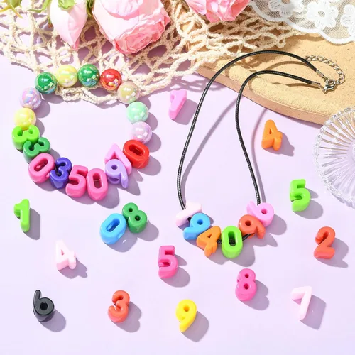 Miniatura 5 de DanLingJewelry 200 pulseras acrílicas de números aleatorios del 0 al 9 con agujero grande, cuentas coloridas de números 3D para hacer joyas