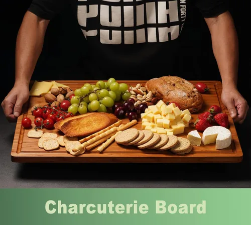 Miniatura 5 de Tablas de cortar de bambú de 24 x 18 pulgadas, bandeja para servir queso charcutería XXL con asas y ranuras para jugos, estructura sólida, delgada