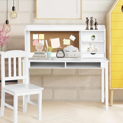 Miniatura 9 de Costzon Juego de escritorio y silla para niños, escritorio de estudio para niños con silla, gabinete, almacenamiento, cajones, estantes, tablero