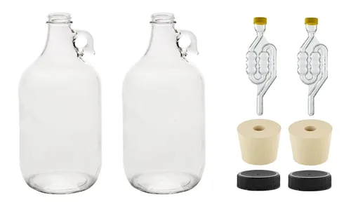 North Mountain Supply Jarra de fermentación de vidrio de 1/2 galón con asa, juego de 2, incluye 6.5 tapones de goma, 6 esclusas de aire de burbujas