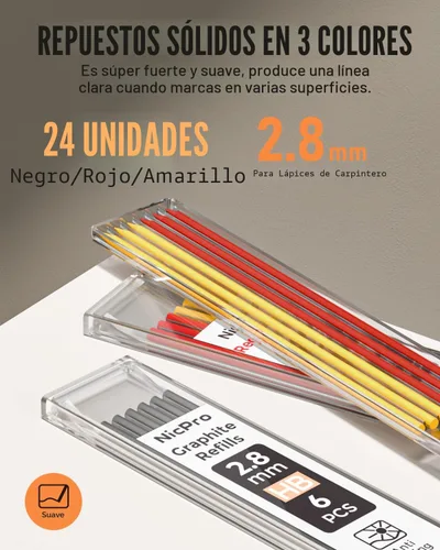 Miniatura 5 de Nicpro Lápiz de carpintero con sacapuntas, juego de lápices mecánicos con 26 recambios, marcador de agujeros profundos para construcción, Negro