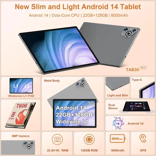 Miniatura 4 de Tablet de 10 pulgadas, 22 GB de RAM+128 GB ROM+1 TB Expand, Android 14 Tablet con teclado y mouse, batería de 8000 mAh, pantalla IPS de 1280 x 800