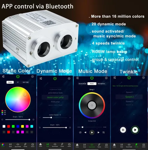 Miniatura 2 de AZIMOM Kit de luces de techo de doble puerto de 16 W, con Bluetooth, de fibra óptica, 600 piezas, 0.03 pulgadas, 9.8 pies, hebras de fibras